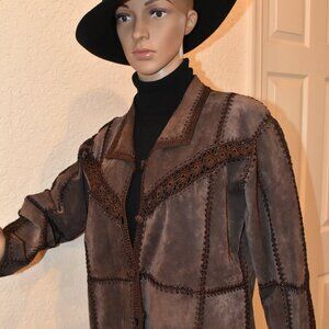 Vintage Kroshetta by Papillon Brown Suede and crochet patchwork jacket Size L